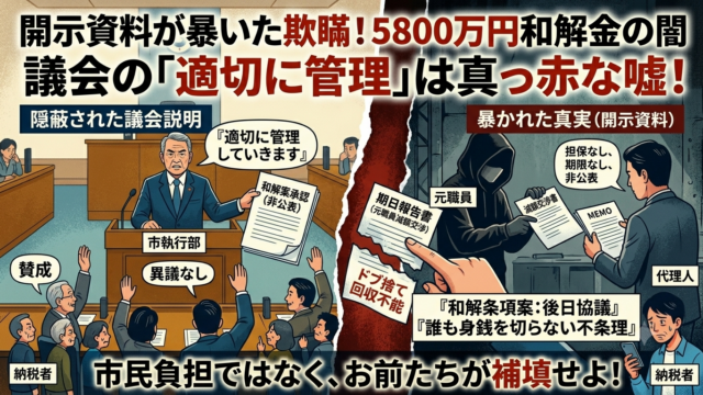 担保なし・期限なし・非公表！元職員の不祥事和解金、なぜ市民の血税で払う？理事者と賛成議員が身銭を切って全額補填せよ！